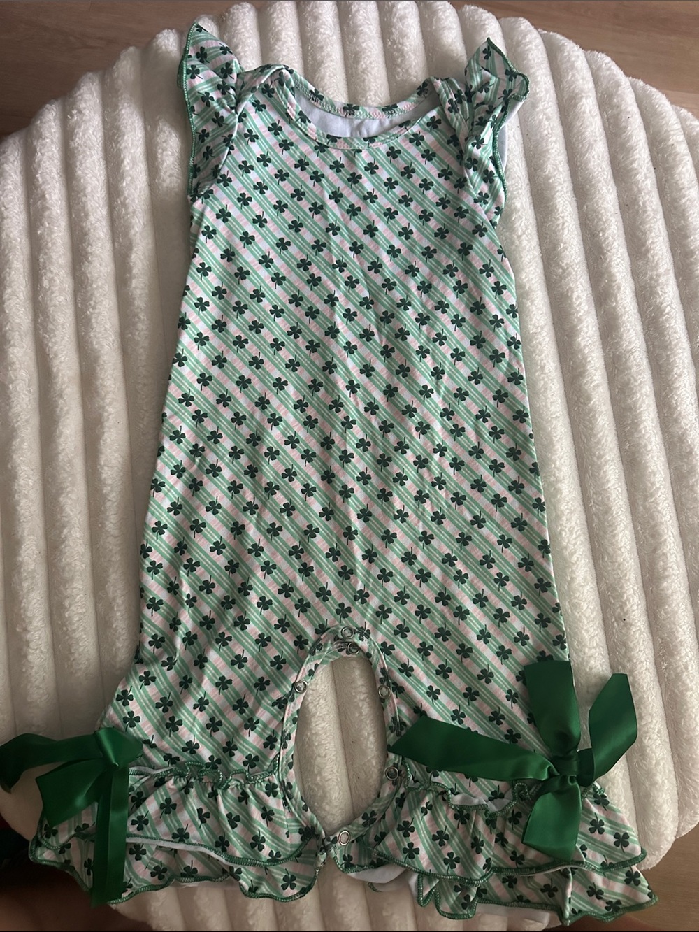 Girls' Green Shamrock Ruffle Romper with Bows